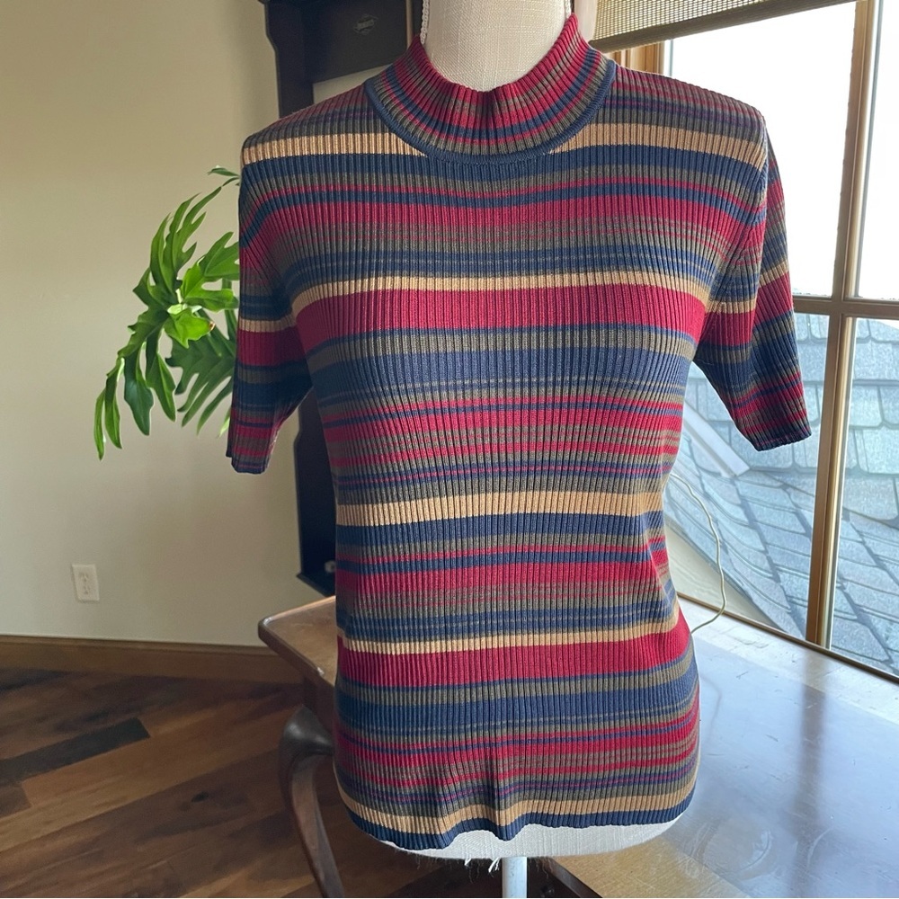 Chaus Vintage Ribbed Knit Striped Mock Neck 100% Silk Short Sleeve Sweater Med
